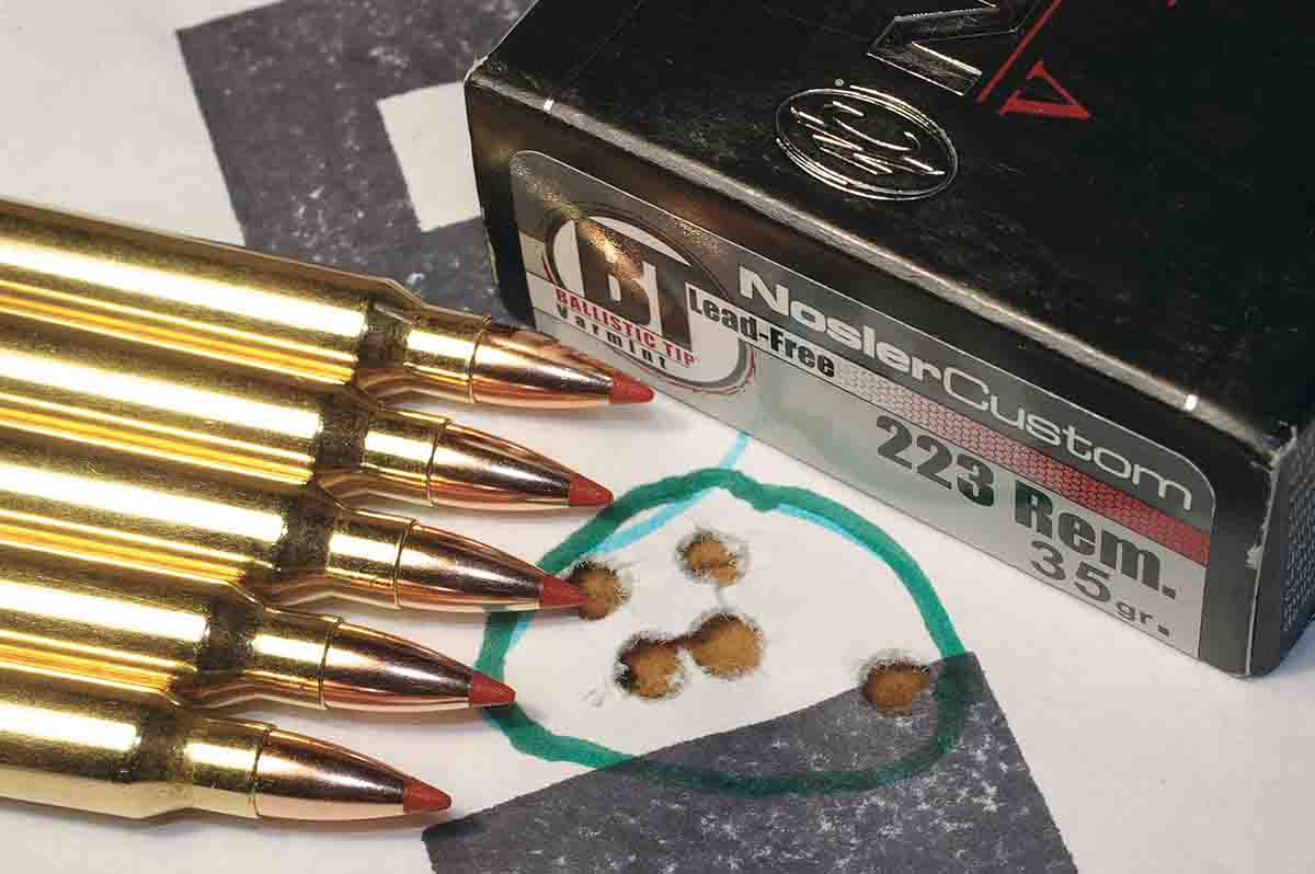 A Savage Predator Hunter .223 Remington shooting NoslerCustom Varmint ammunition with 35-grain Ballistic Tip Lead-Free bullets produced this group. Velocity  average was slightly over 3,700 fps.